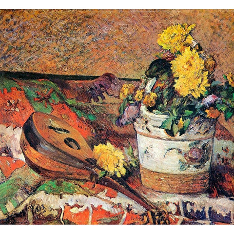 Mandolin And Pot Of Flowers Black Modern Wood Framed Art Print with Double Matting by Gauguin, Paul