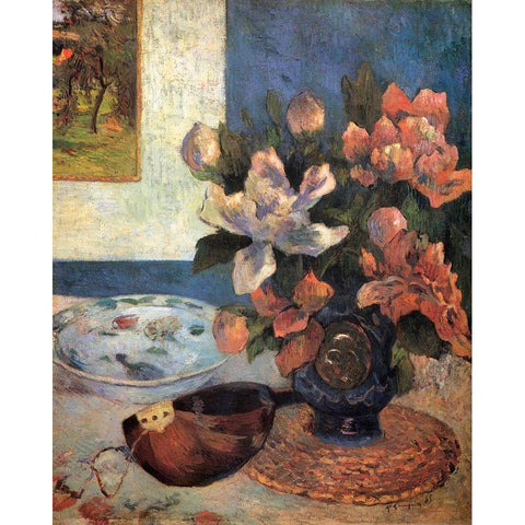 Still Life With Peonies And Mandolin Black Modern Wood Framed Art Print with Double Matting by Gauguin, Paul