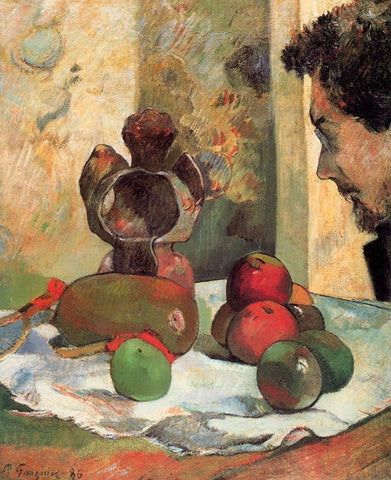 Still Life With Profile Of Charles Laval White Modern Wood Framed Art Print with Double Matting by Gauguin, Paul