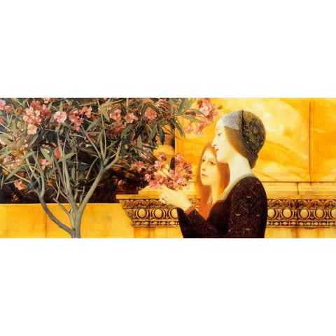 Two Girls With Oleander c. 1892 Gold Ornate Wood Framed Art Print with Double Matting by Klimt, Gustav