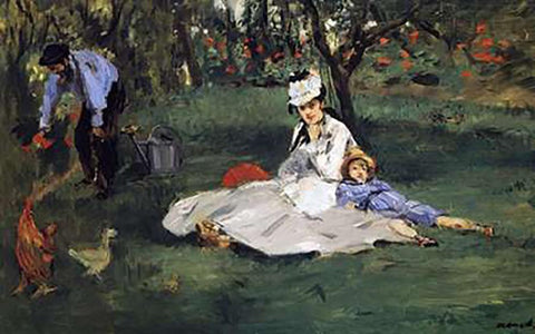 Monet Family in their Garden White Modern Wood Framed Art Print with Double Matting by Manet, Edouard