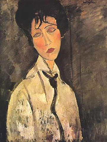 Lady With Black Tie White Modern Wood Framed Art Print with Double Matting by Modigliani, Amedeo