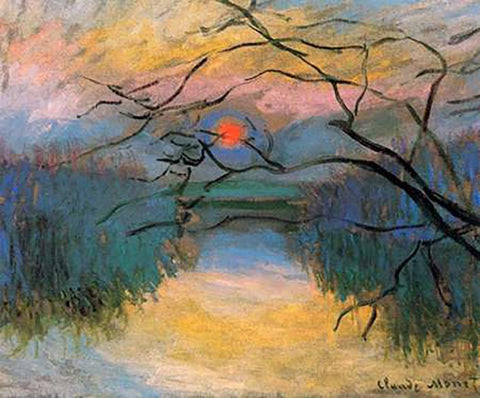 Coucher de soleil sur la Seine a Vetheuil White Modern Wood Framed Art Print with Double Matting by Monet, Claude