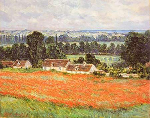 Field Of Poppies Giverny White Modern Wood Framed Art Print with Double Matting by Monet, Claude