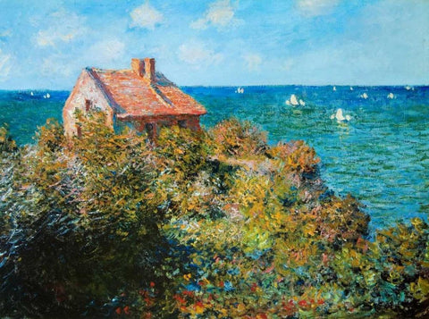 Fishermans Cottage White Modern Wood Framed Art Print with Double Matting by Monet, Claude