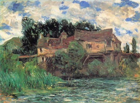 Houses On The Old Bridge At Vernon 1883 White Modern Wood Framed Art Print with Double Matting by Monet, Claude