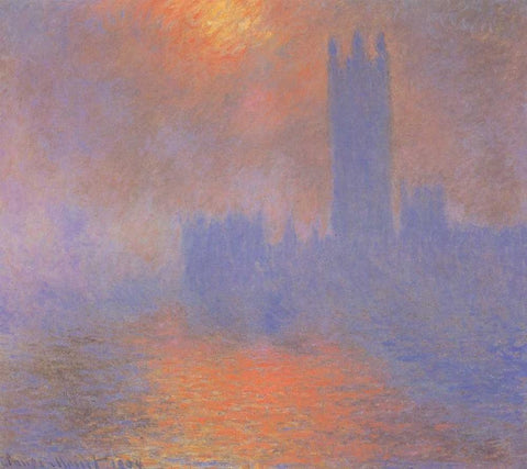 London Parliament With The Sun Breaking Through Fog Black Ornate Wood Framed Art Print with Double Matting by Monet, Claude
