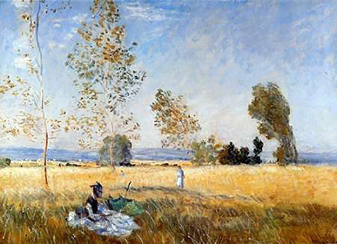 Meadow At Bezons White Modern Wood Framed Art Print with Double Matting by Monet, Claude