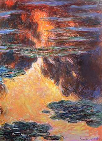 Nympheas Sunset Effect 1907 White Modern Wood Framed Art Print with Double Matting by Monet, Claude