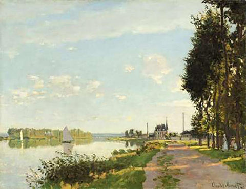 Riverside Walk At Argenteuil 1872 White Modern Wood Framed Art Print with Double Matting by Monet, Claude