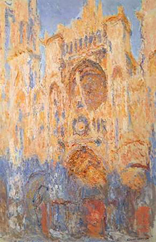 Rouen Cathedral Sun Effect End Of The Day White Modern Wood Framed Art Print with Double Matting by Monet, Claude