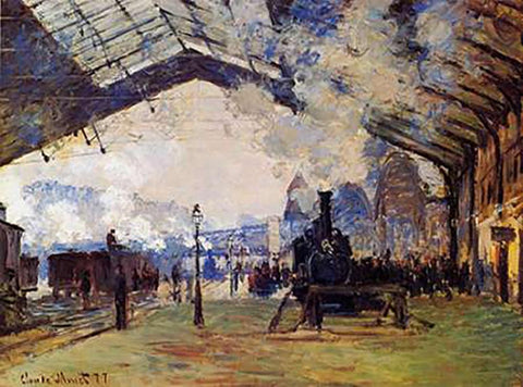 St Lazare Station The Arrival Of The Train From Normandy White Modern Wood Framed Art Print with Double Matting by Monet, Claude