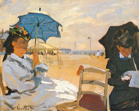 The Beach At Trouville 1870 White Modern Wood Framed Art Print with Double Matting by Monet, Claude