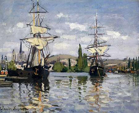 The Seine At Rouen 1872 White Modern Wood Framed Art Print with Double Matting by Monet, Claude