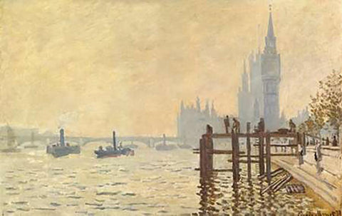 The Thames Below Westminster 1871 White Modern Wood Framed Art Print with Double Matting by Monet, Claude