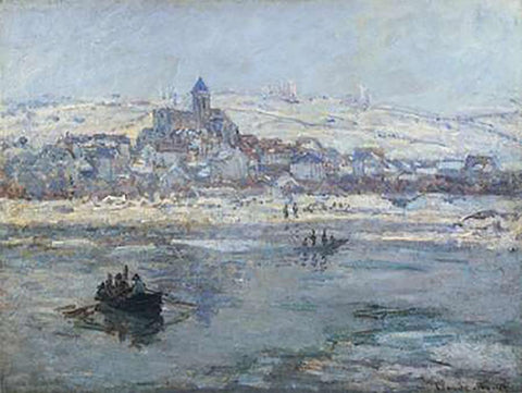 Vetheuil In Winter 1879 White Modern Wood Framed Art Print with Double Matting by Monet, Claude