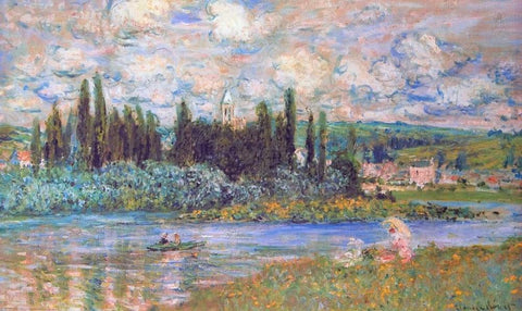 Vethuil Sur Seine White Modern Wood Framed Art Print with Double Matting by Monet, Claude