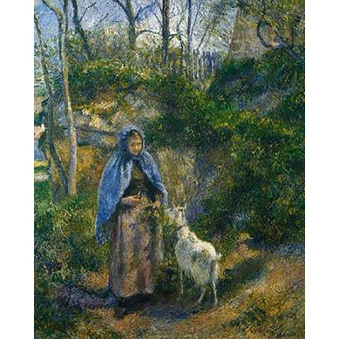 Woman With A Goat 1881 Gold Ornate Wood Framed Art Print with Double Matting by Pissarro, Camille