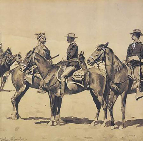 Detail The Meeting With The US Cavalry White Modern Wood Framed Art Print with Double Matting by Remington, Frederic