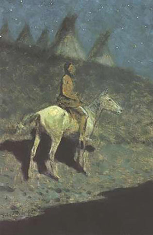 Indian In The Moonlight White Modern Wood Framed Art Print with Double Matting by Remington, Frederic