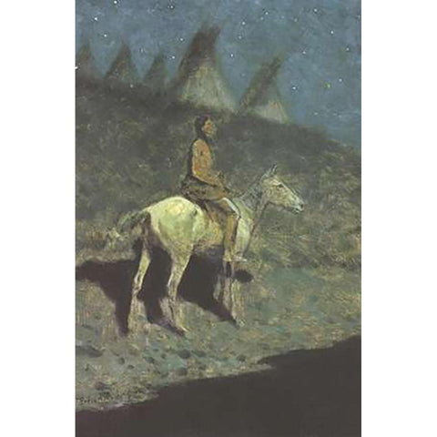 Indian In The Moonlight Gold Ornate Wood Framed Art Print with Double Matting by Remington, Frederic
