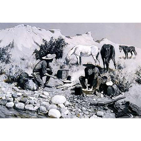 Prospectors Making Frying Pan Bread White Modern Wood Framed Art Print by Remington, Frederic
