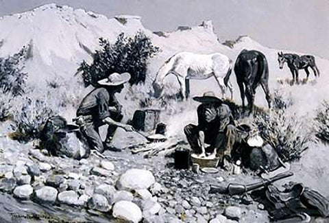 Prospectors Making Frying Pan Bread White Modern Wood Framed Art Print with Double Matting by Remington, Frederic