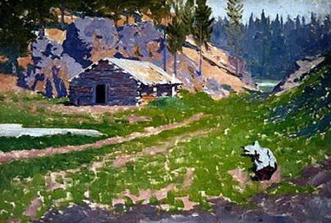 Squatters Cabin White Modern Wood Framed Art Print with Double Matting by Remington, Frederic