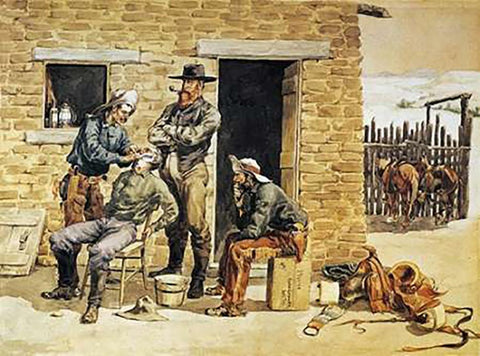 Sunday Morning Toilet On The Ranch White Modern Wood Framed Art Print with Double Matting by Remington, Frederic
