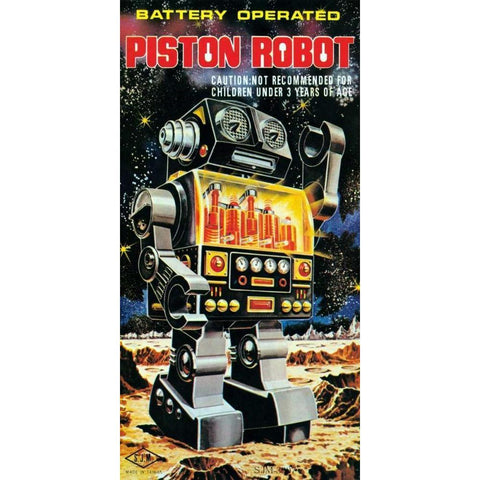 Battery Operated Piston Robot Black Modern Wood Framed Art Print by Retrobot