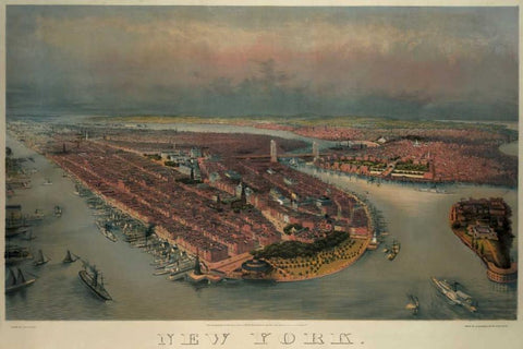 Birds-eye view of Manhattan, New York Black Ornate Wood Framed Art Print with Double Matting by Unknown