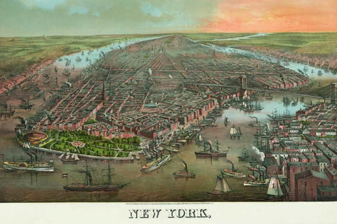 Birds-eye view of Manhattan, New York White Modern Wood Framed Art Print with Double Matting by Unknown
