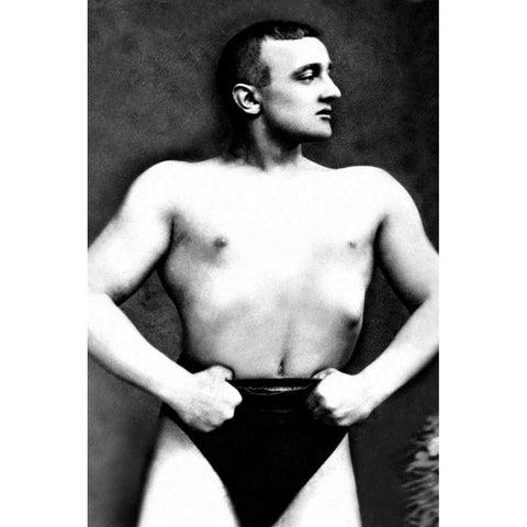 Bodybuilder with Thumbs Tucked in Belt White Modern Wood Framed Art Print by Vintage Muscle Men