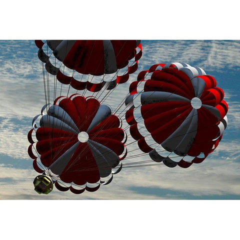 Orion descending by parachute on re-entry to Earth, Project Constellation Black Modern Wood Framed Art Print by NASA