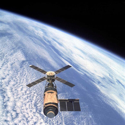 Skylab Orbital Workshop, viewed from Skylab 4 CSM, 1974 Black Modern Wood Framed Art Print by NASA