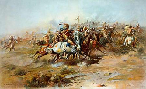 The Custer Fight, 1903 White Modern Wood Framed Art Print with Double Matting by Russell, Charles