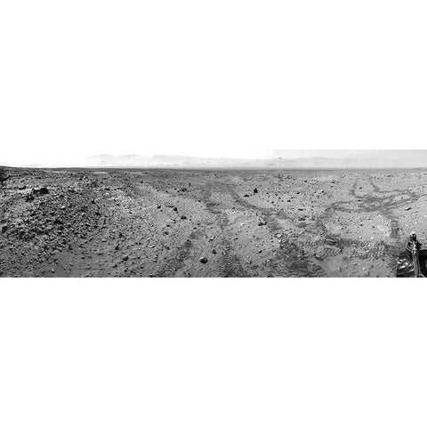 Mars Gale Crater with Tire Tracks - Panoramic Mosaic, August 15, 2014 Black Modern Wood Framed Art Print by NASA