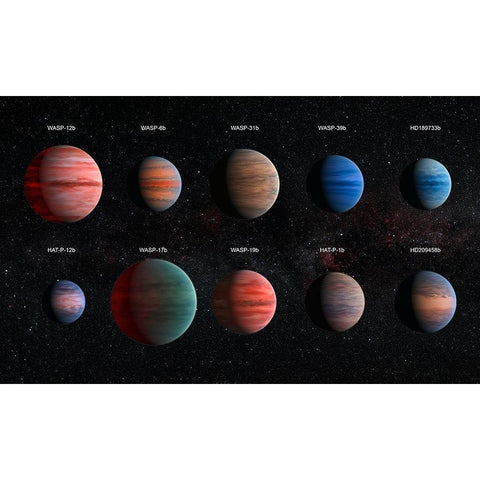 Artist Impression of Hot Jupiter Exoplanets - Annotated Black Modern Wood Framed Art Print by NASA, ESA,