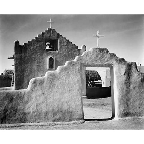 Full side view of entrance with gate to the right, Church, Taos Pueblo National Historic Landmark, N Black Modern Wood Framed Art Print by Adams, Ansel