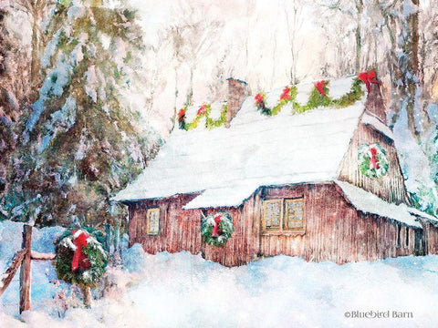 Snowy Christmas Cabin White Modern Wood Framed Art Print with Double Matting by Bluebird Barn