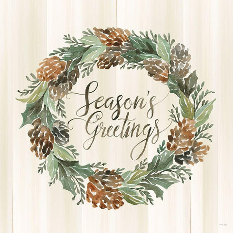Sage Seasons Greetings Wreath White Modern Wood Framed Art Print with Double Matting by Jacobs, Cindy