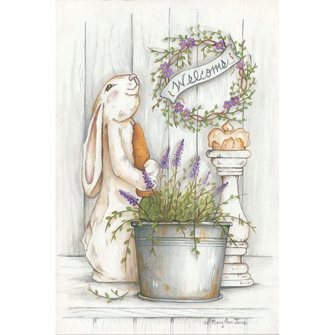 Welcome Bunny Gold Ornate Wood Framed Art Print with Double Matting by June, Mary Ann