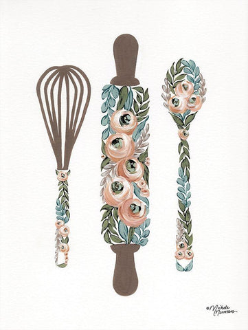 Floral Baking Tools Black Ornate Wood Framed Art Print with Double Matting by Norman, Michele