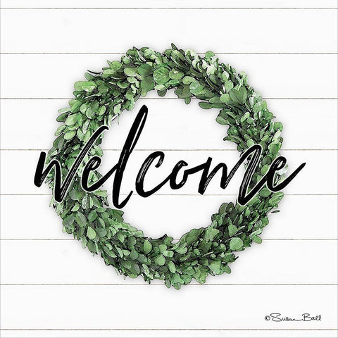 Welcome Wreath Black Modern Wood Framed Art Print with Double Matting by Ball, Susan
