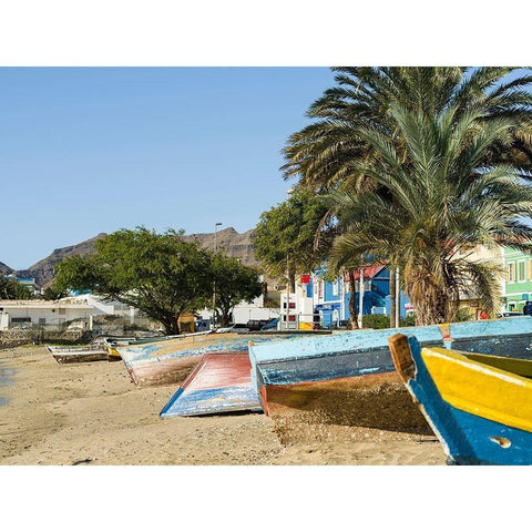 Traditional fishing boats on the beach of the harbor City Mindelo-a seaport Africa Black Modern Wood Framed Art Print by Zwick, Martin