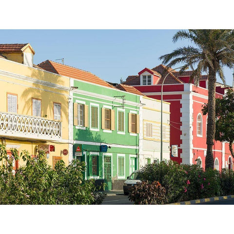 Rua de Praia or Avenida da Republica with old townhouses of trading companies Africa Black Modern Wood Framed Art Print by Zwick, Martin