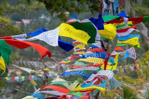 Bhutan-Thimphu Colorful prayer flags on mountain top at the Sangaygang Geodetic Station Black Ornate Wood Framed Art Print with Double Matting by Hopkins, Cindy Miller