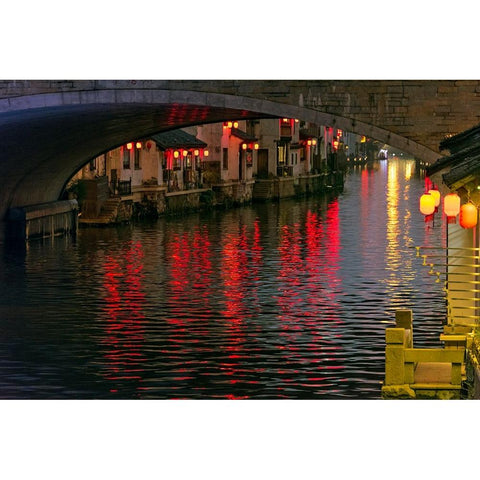 Night view of traditional house and stone bridge on the Grand Canal-Wuxi-Jiangsu Province-China Black Modern Wood Framed Art Print by Su, Keren
