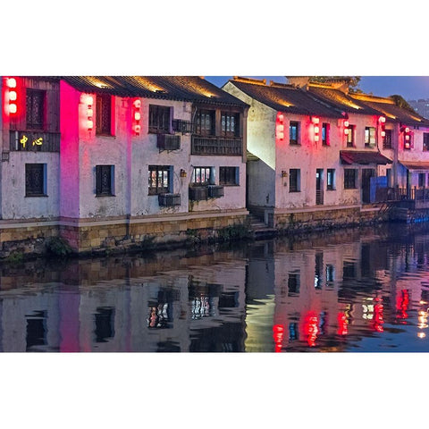 Night view of traditional houses along the Grand Canal-Wuxi-Jiangsu Province-China Black Modern Wood Framed Art Print by Su, Keren