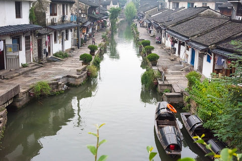 Rowing Wupeng boat on the Grand Canal-Shaoxing-Zhejiang Province-China Black Ornate Wood Framed Art Print with Double Matting by Su, Keren